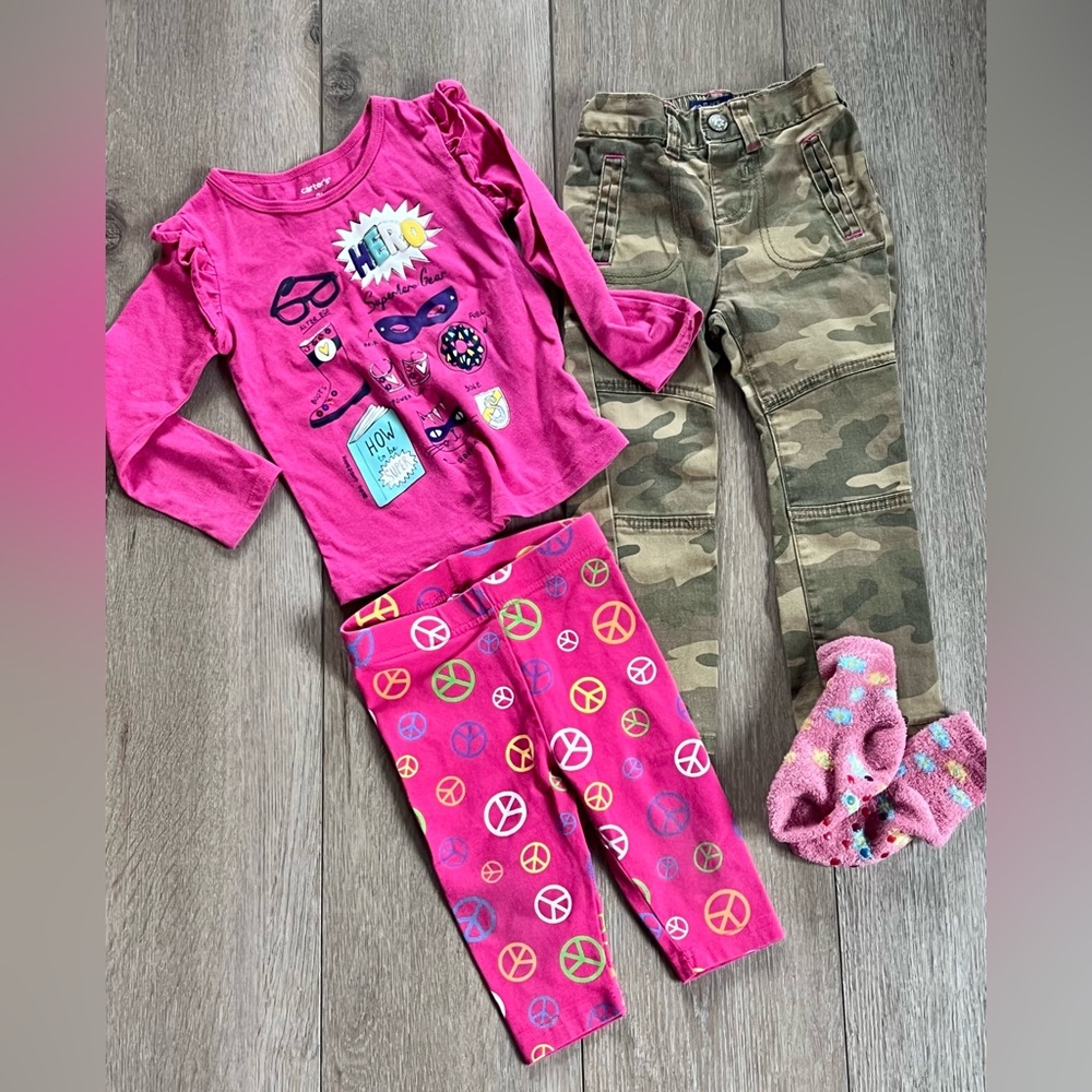 Pink Graphic Tee and Camo Pants Set